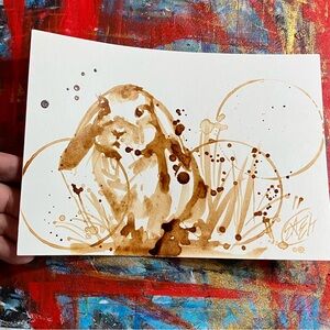Rabbit painting original coffee‎ art Java home decor bunny home decor Artettina